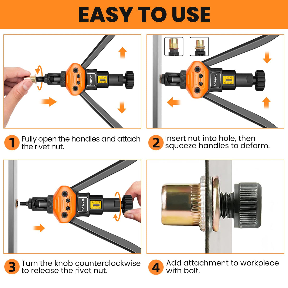 FOREVTL tool installing a rivnut into sheet metal demonstrating secure fastening