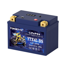 Forgetyo YTX4L-BS front view showing compact starter battery and quick install benefit