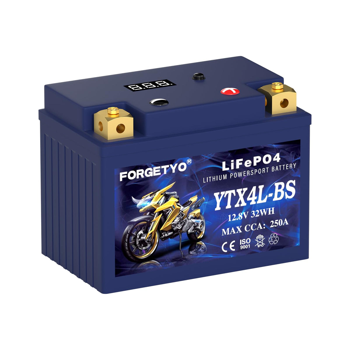 Forgetyo battery beside an AGM battery highlighting weight savings and performance benefit