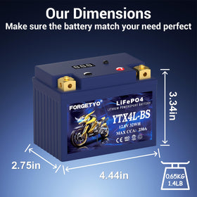 Forgetyo battery top terminals close-up showing right-positive layout for correct fit