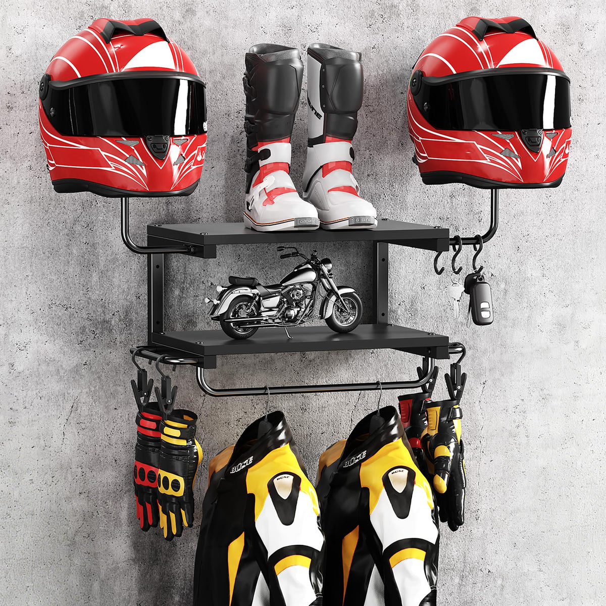 Forjarn front view helmet rack showing organized helmets and saved space
