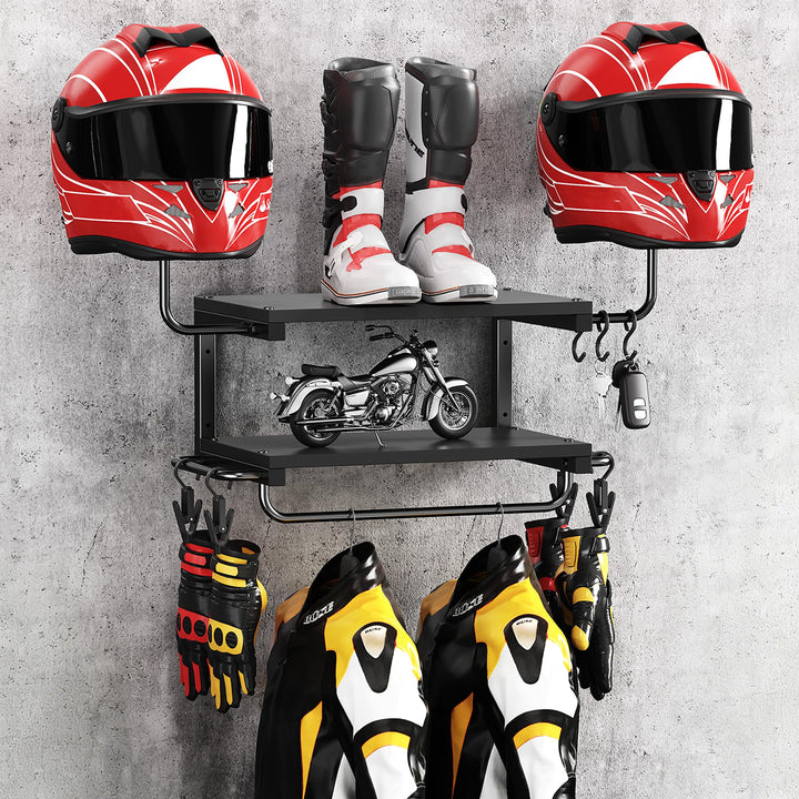 Forjarn front view helmet rack showing organized helmets and saved space