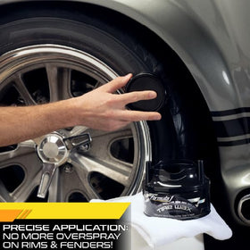 Formula 1 being applied to a tire sidewall for restored black color and wet-look shine