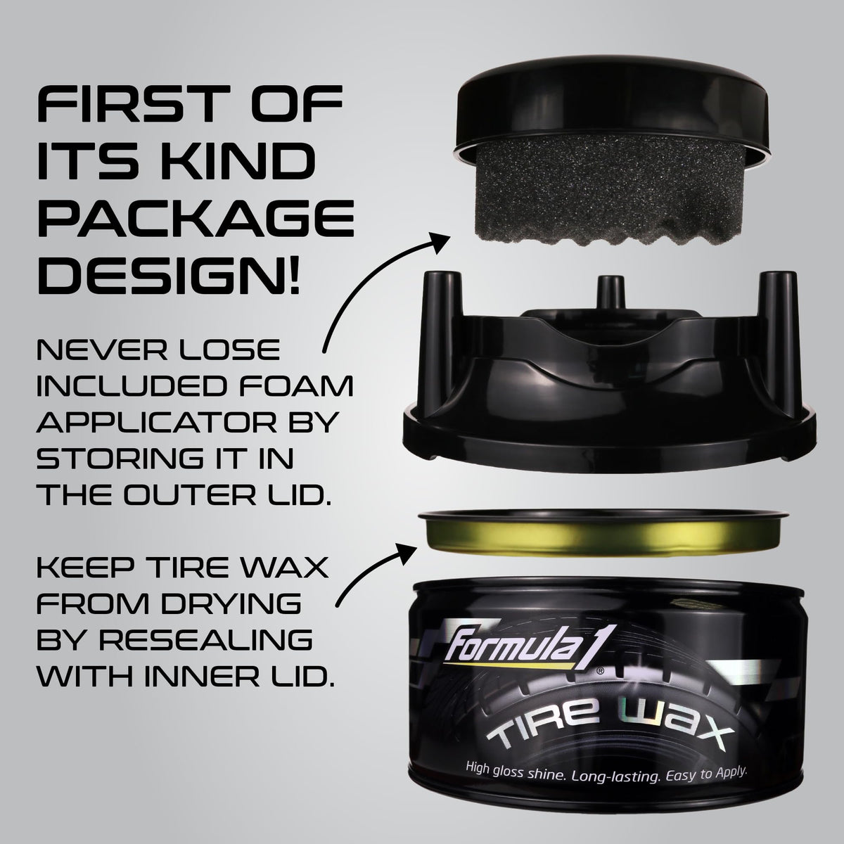 Formula 1 foam applicator in lid demonstrating easy, mess-free targeted application