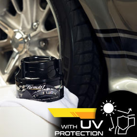 Formula 1 used on a plastic bumper trim to restore deep black and uniform appearance