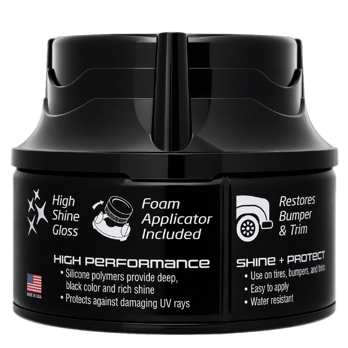 Tire treated with Formula 1 after rain demonstrating water-resistant shine retention