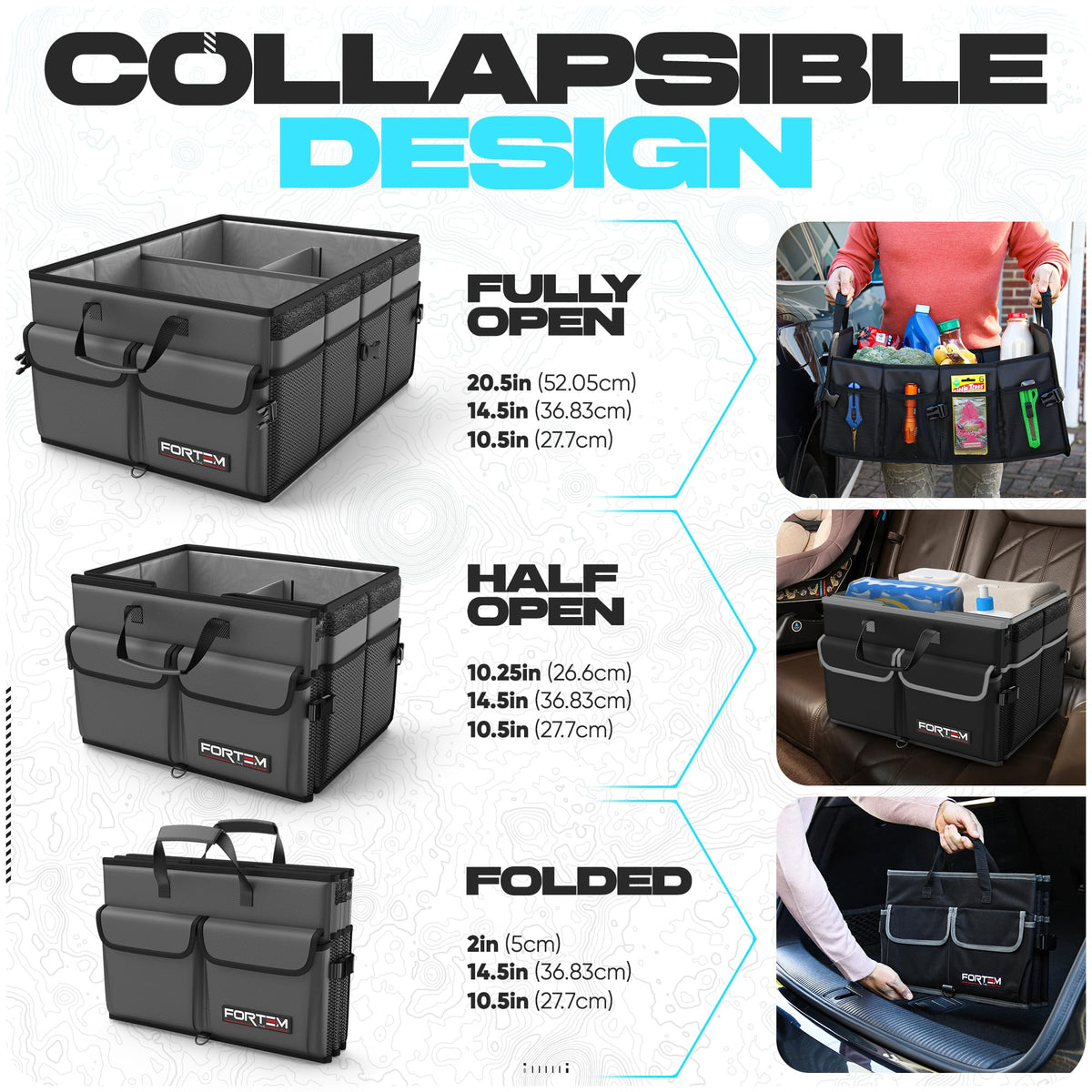 FORTEM adjustable straps and non-slip strips secured in trunk showing steady hold