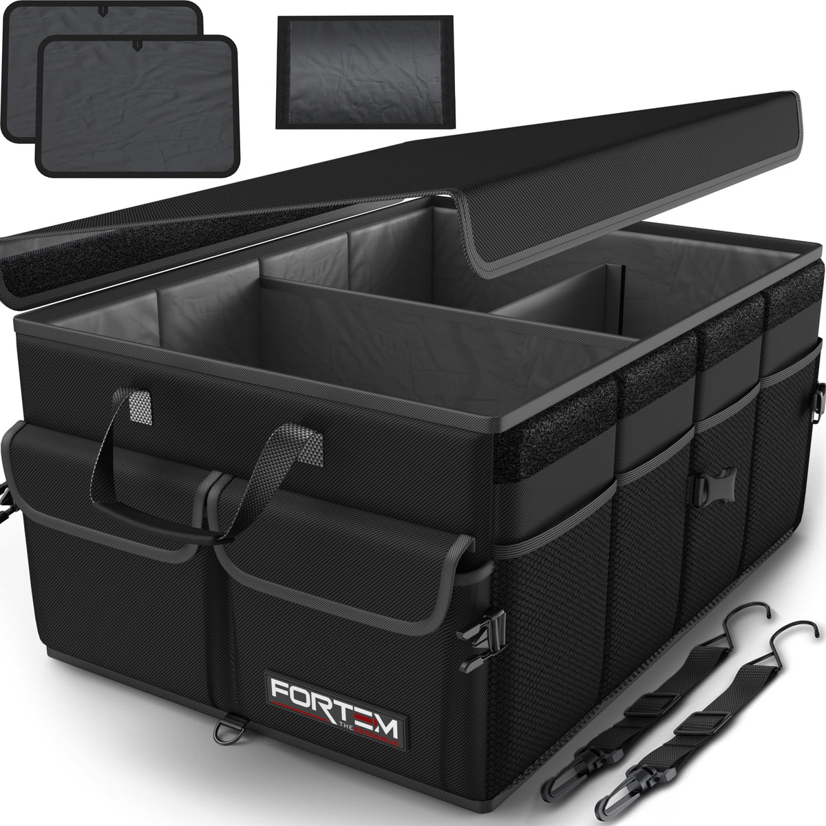 FORTEM trunk organizer front view showing compartments and durability benefits