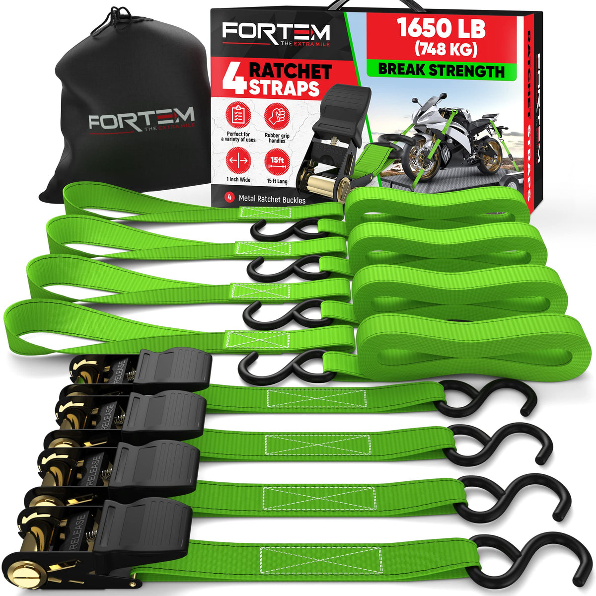 FORTEM front packaging showing full ratchet strap kit and pouch for organized storage