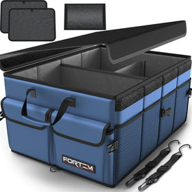FORTEM front view of trunk organizer showing compartments and tidy storage benefit