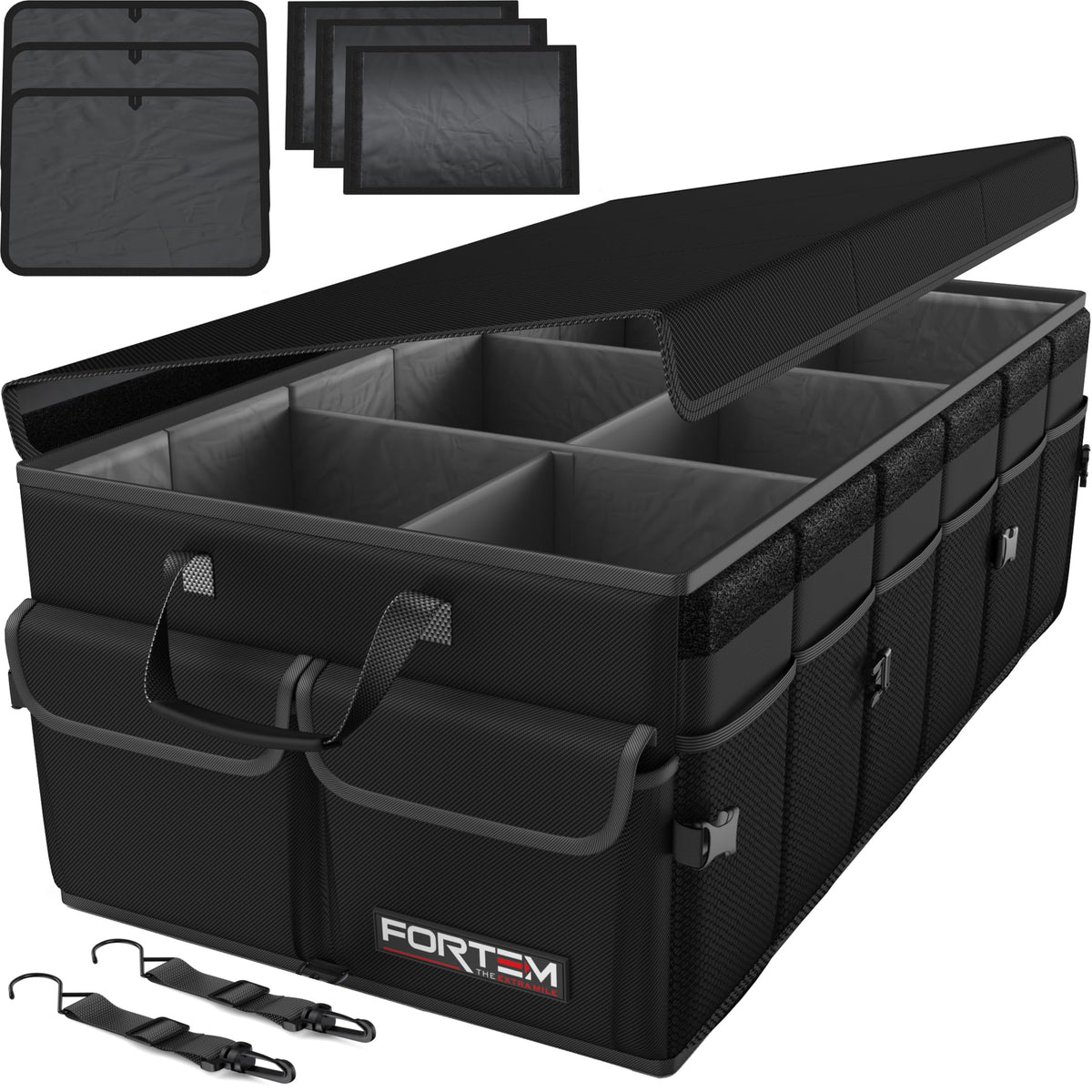 FORTEM front view of trunk organizer showing structured form and easy access benefit