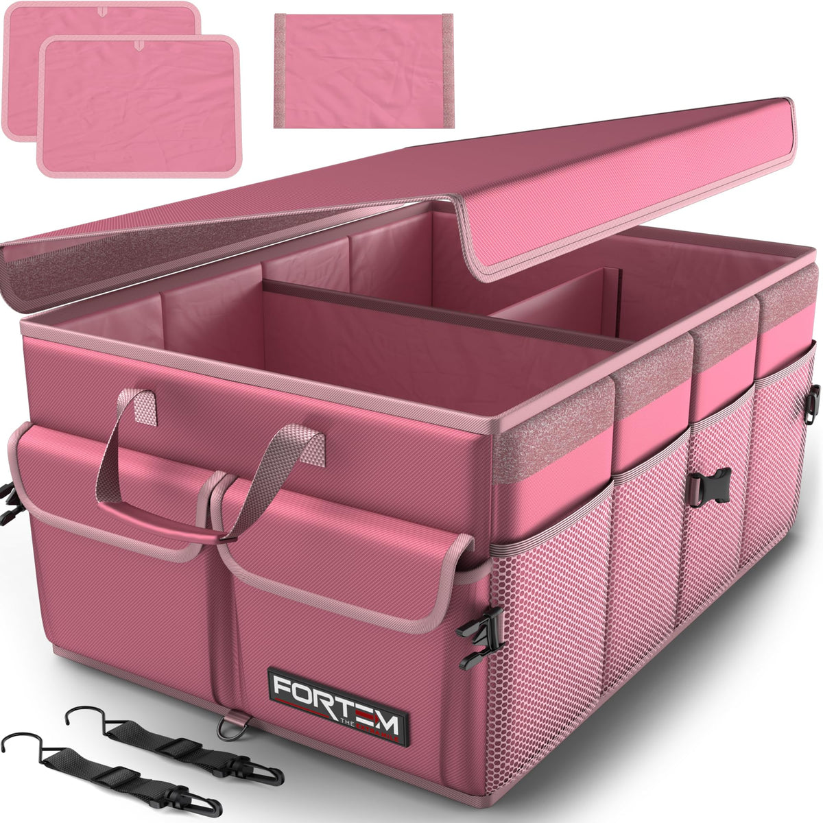 FORTEM front view showing full trunk organizer with compartments and tidy storage benefit