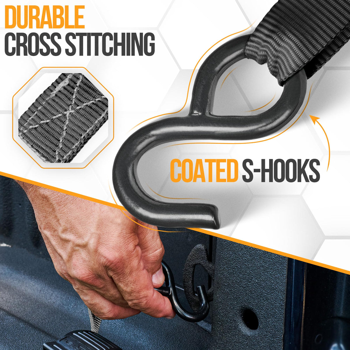 FORTEM S-hook detail with coating protecting vehicle finish and resisting rust