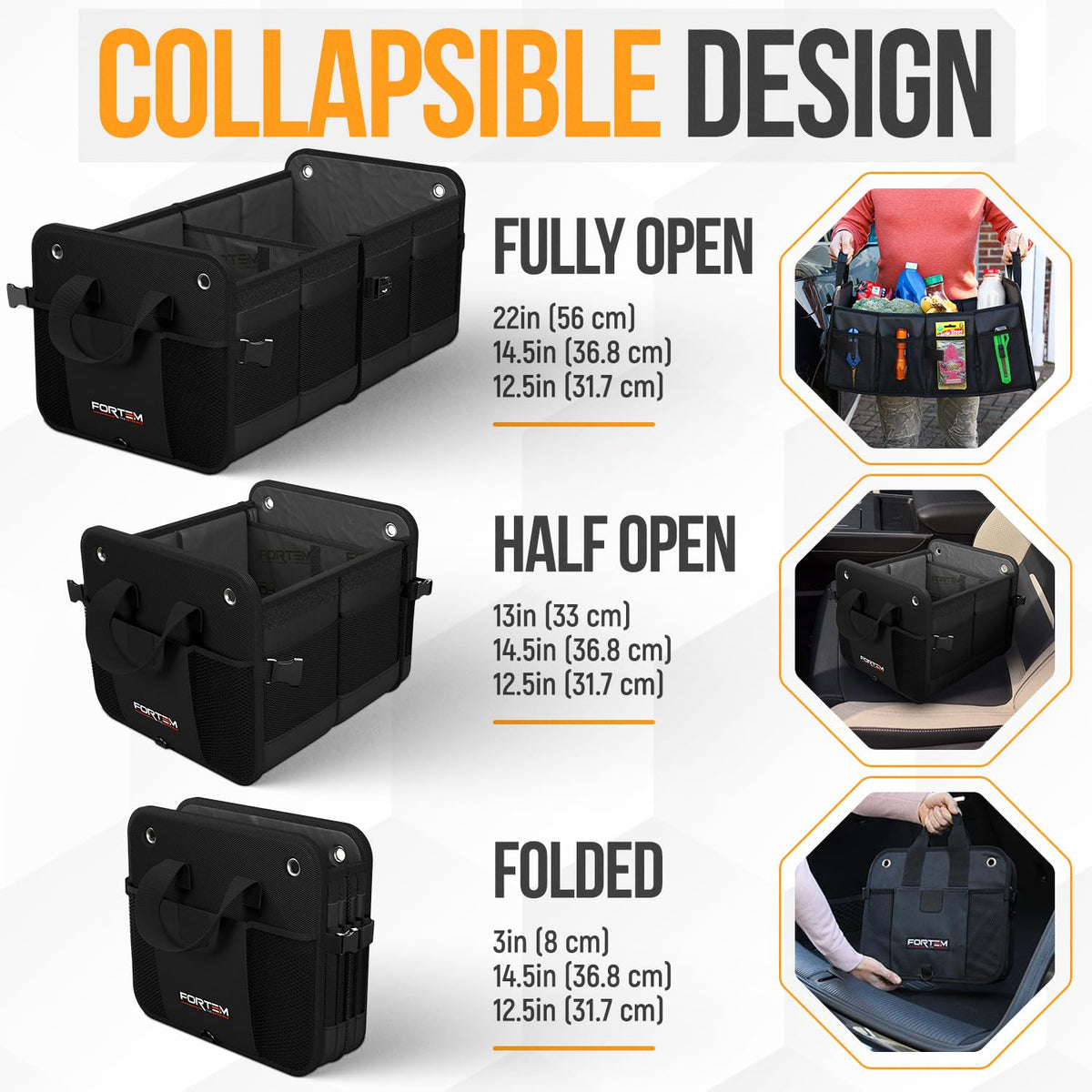 FORTEM inside an SUV trunk to show scale and how it fits vehicle cargo space