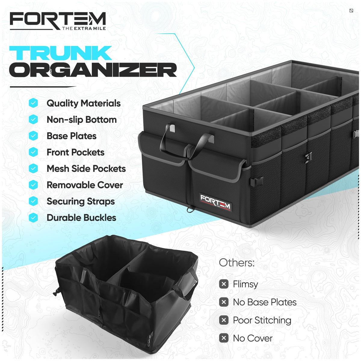 FORTEM organizer with outdoor gear by hatchback showing tidy storage for trips