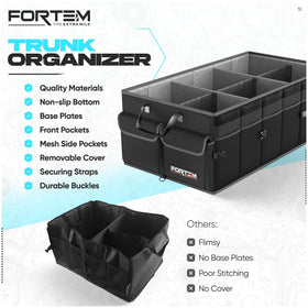 FORTEM organizer with outdoor gear by hatchback showing tidy storage for trips