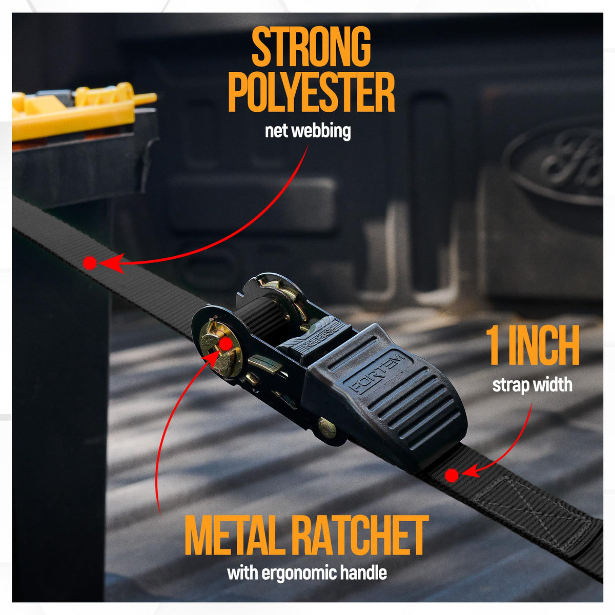 FORTEM ratchet closeup with rubber grip demonstrating secure tension control