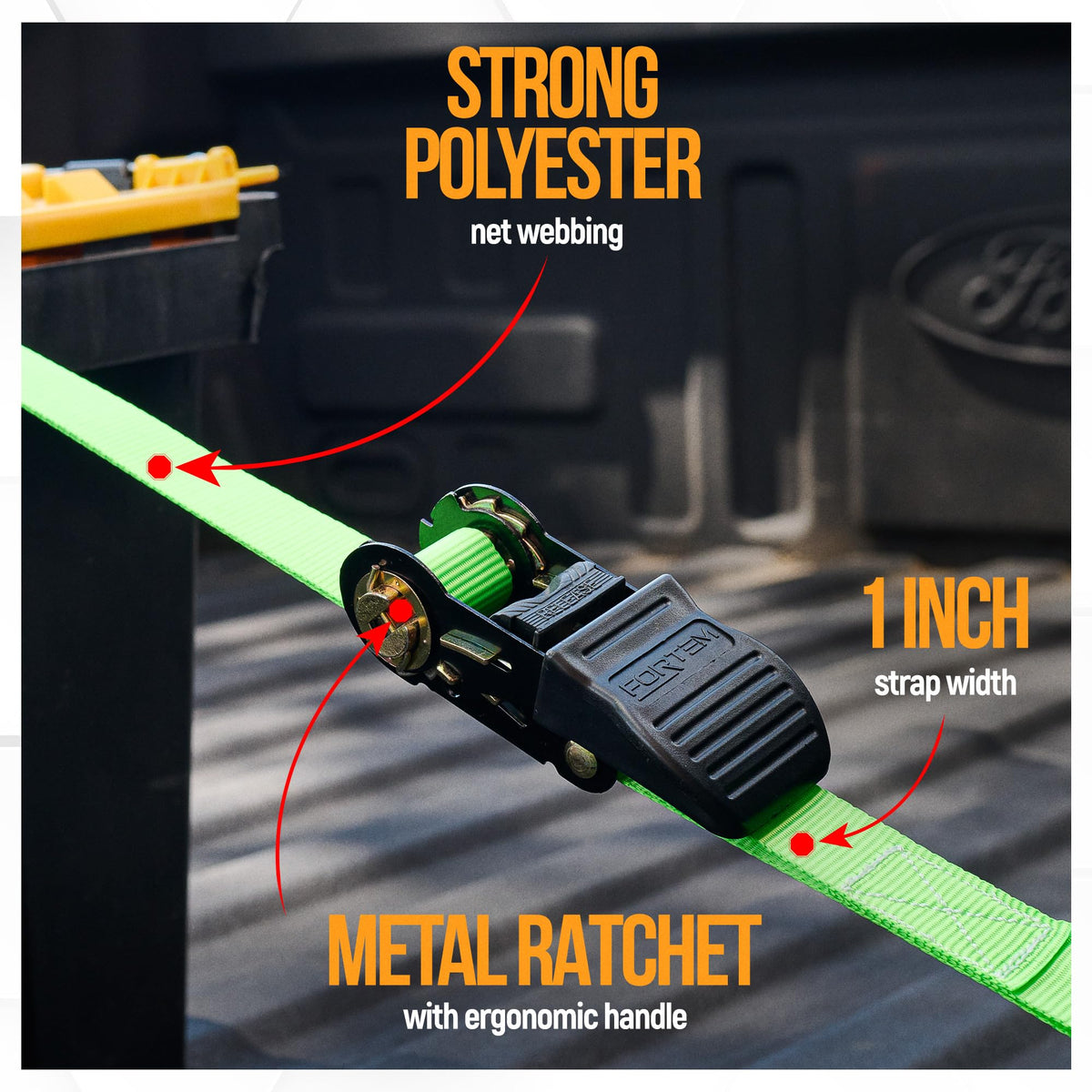 FORTEM ratchet closeup highlighting stainless steel ratchet and smooth release benefit