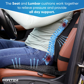FORTEM cushions installed in car showing secure fit and improved posture