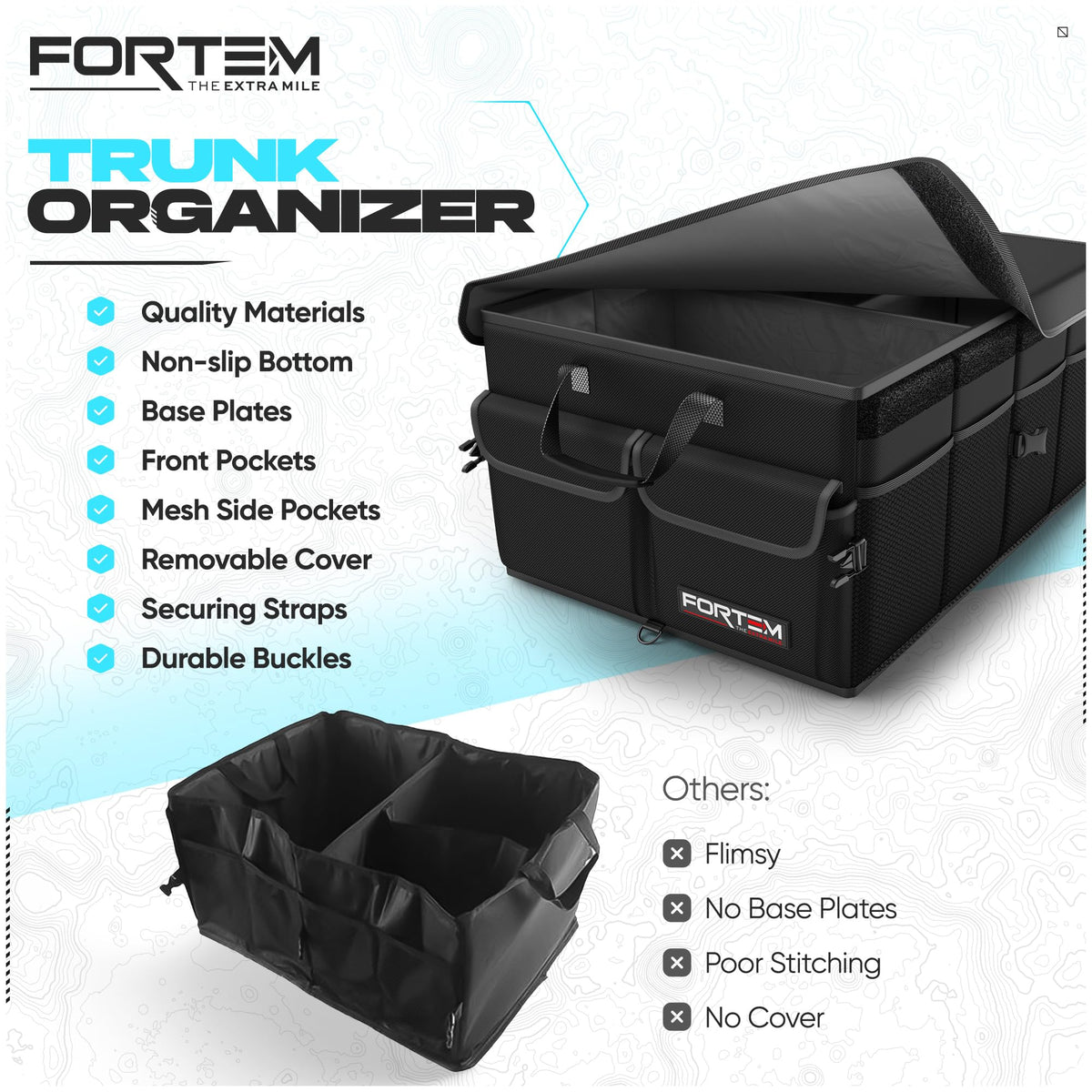 FORTEM organizer next to water bottle showing scale and capacity benefit