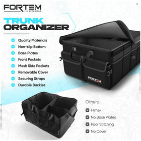 FORTEM organizer next to water bottle showing scale and capacity benefit