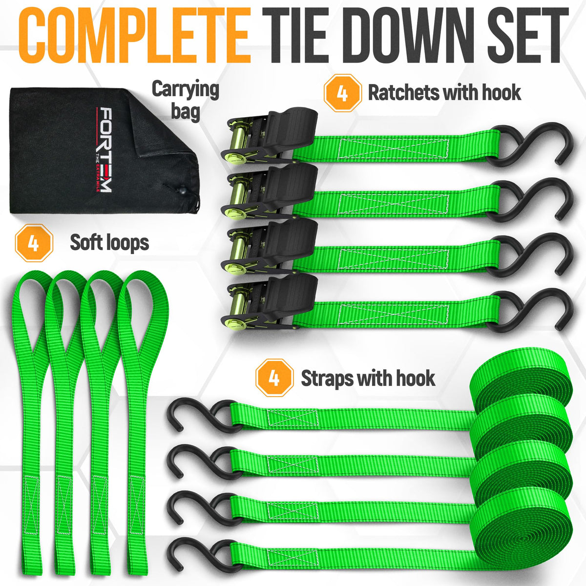 FORTEM straps stretched on truck bed securing cargo safely for stable transit