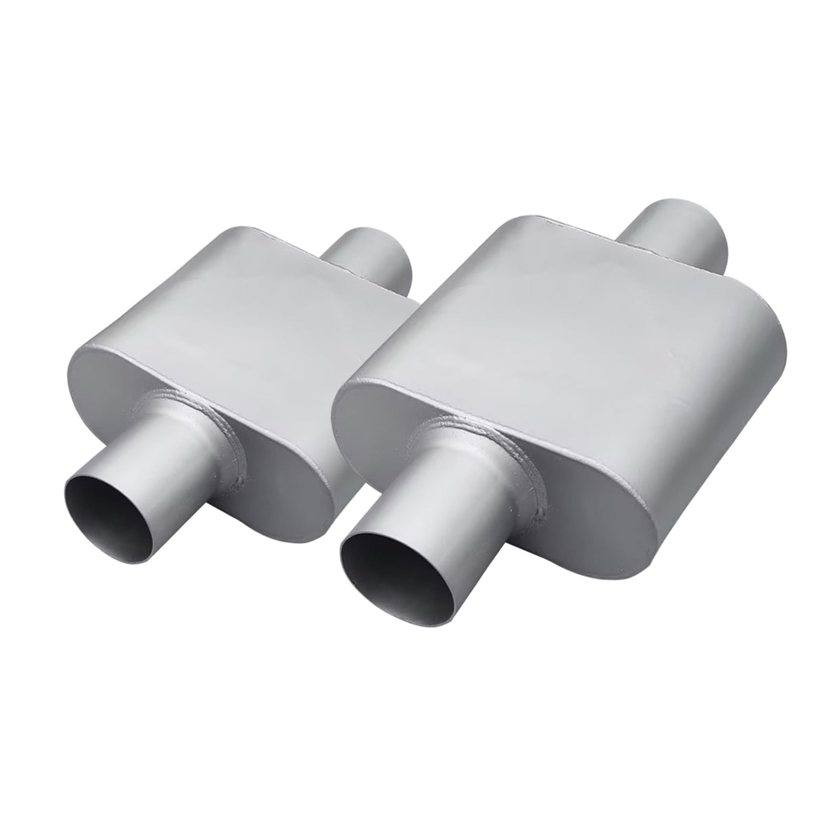 FortisArc front view of muffler pair showing compact profile and durable finish