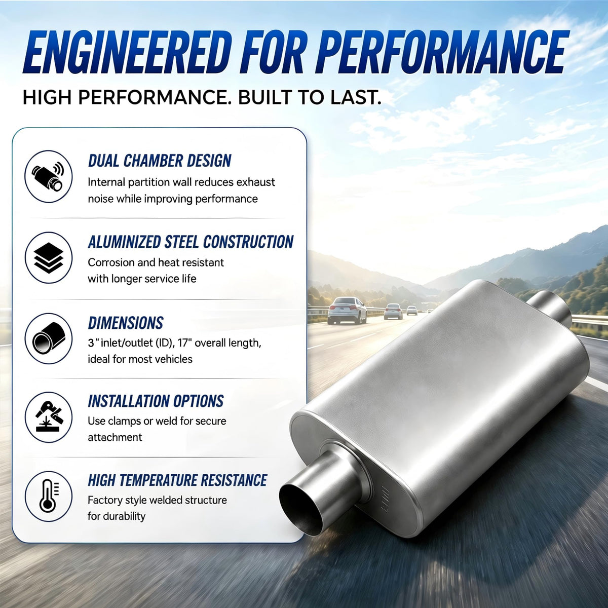 FortisArc muffler mounted under vehicle illustrating compact installation and sound upgrade