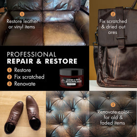 FORTIVO maroon balm being applied to a leather sofa to restore color and softness