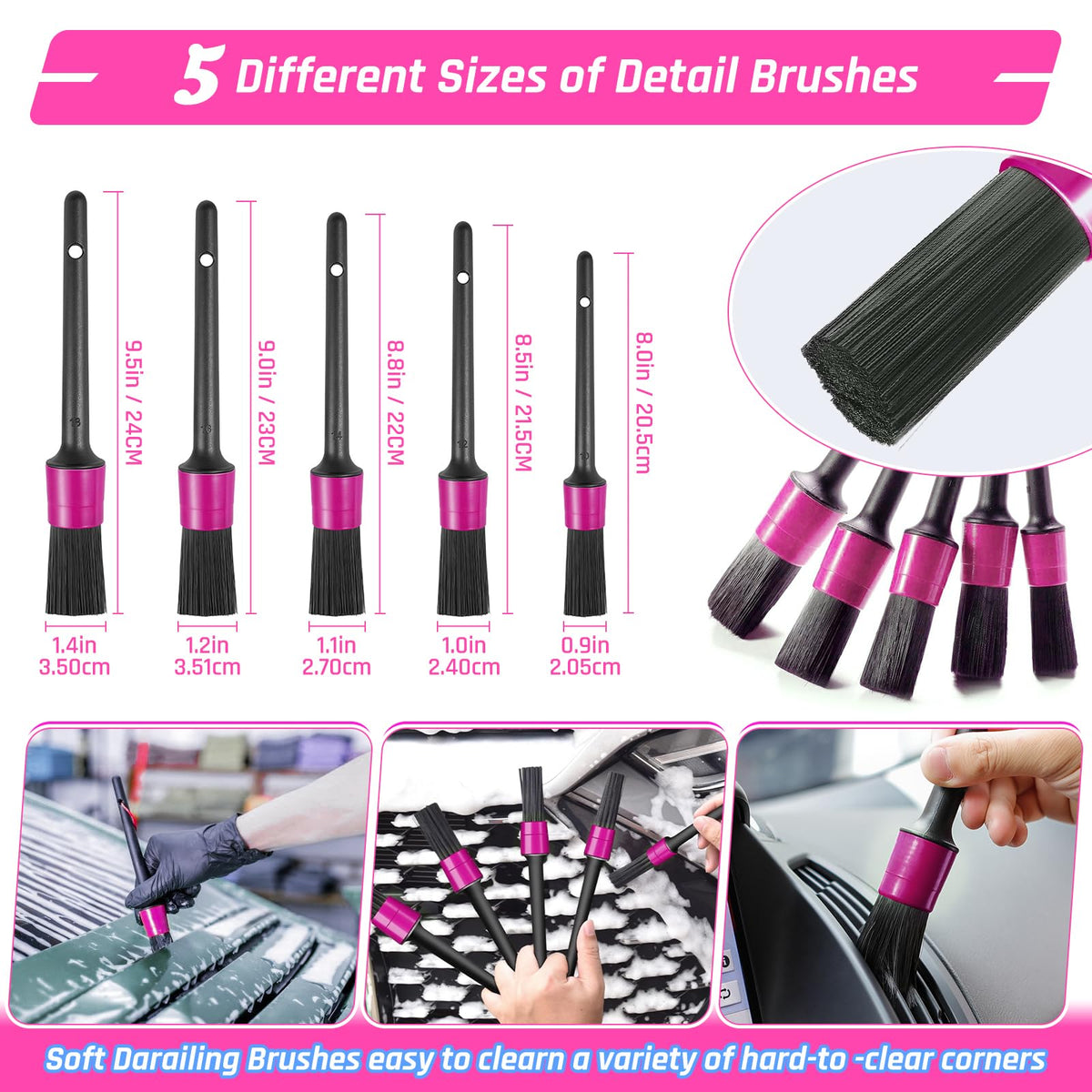 Fortuning's JDS assorted detailing brushes arrayed for vents, seams, and dashboards