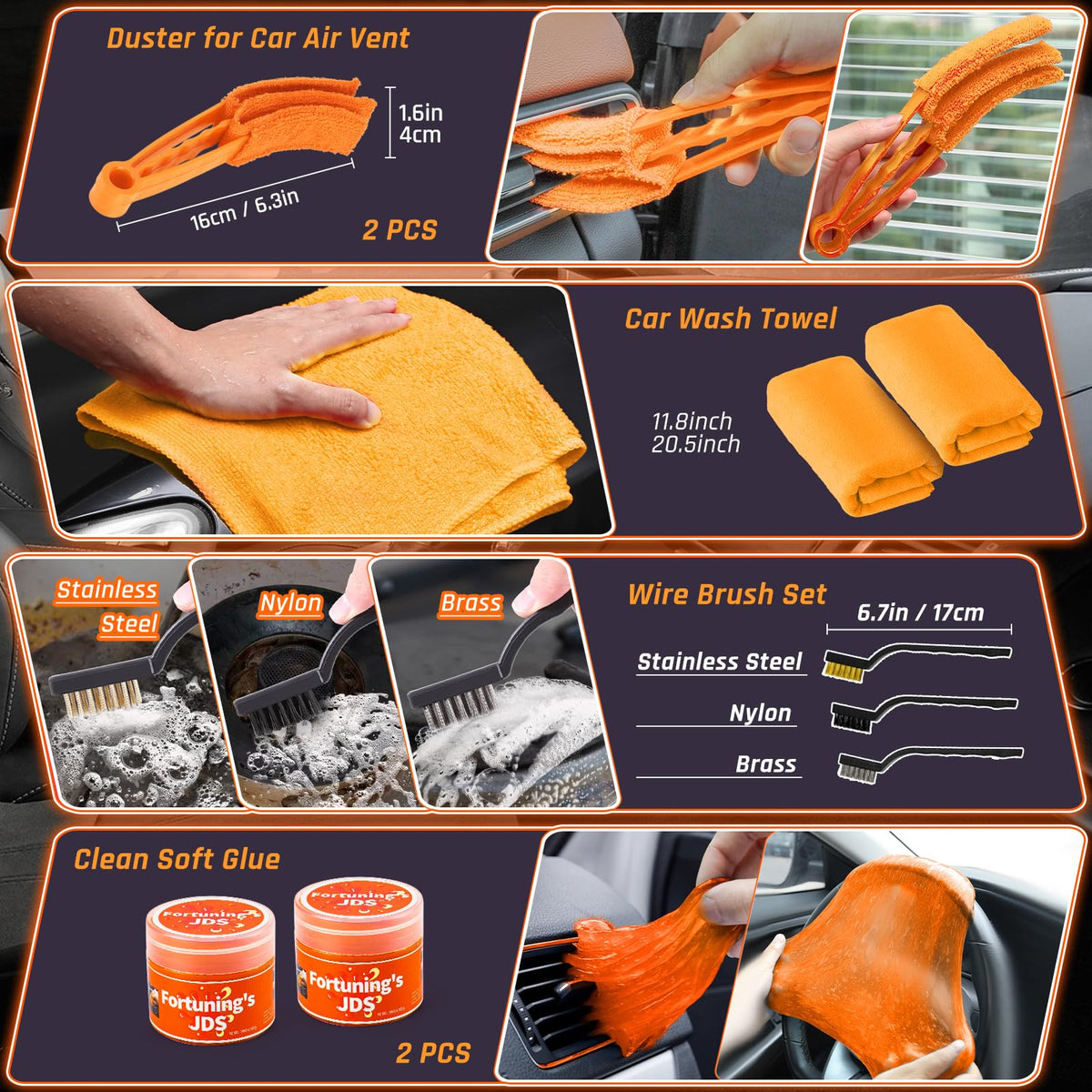 Fortuning's JDS detailing brush collection arranged for crevice and trim cleaning