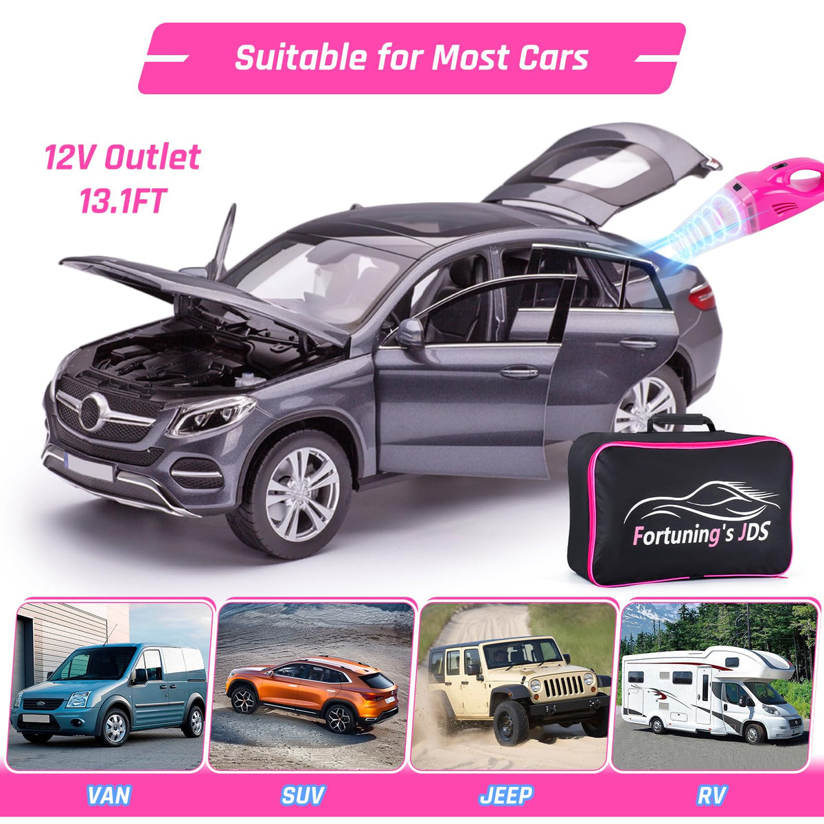 Fortuning's JDS in-car demonstration cleaning seat seams and air vents for quick touch-ups