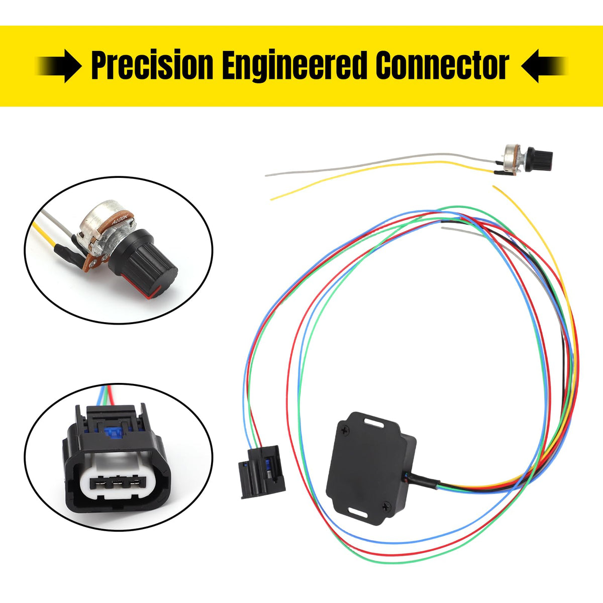 Foruly packaging and contents laid out with module, knob, and harness for complete kit