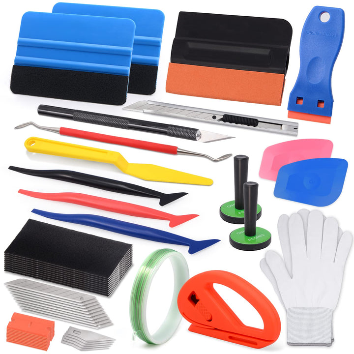 FOSHIO complete tool kit layout showing all included vinyl wrap tools and accessories