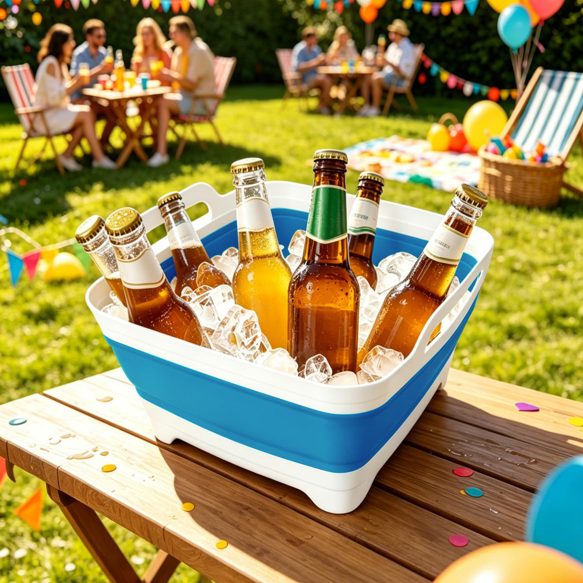 FOSJGO lifestyle camping scene used as ice tub keeping drinks chilled outdoors