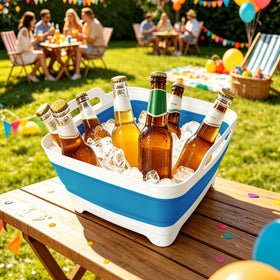 FOSJGO lifestyle camping scene used as ice tub keeping drinks chilled outdoors