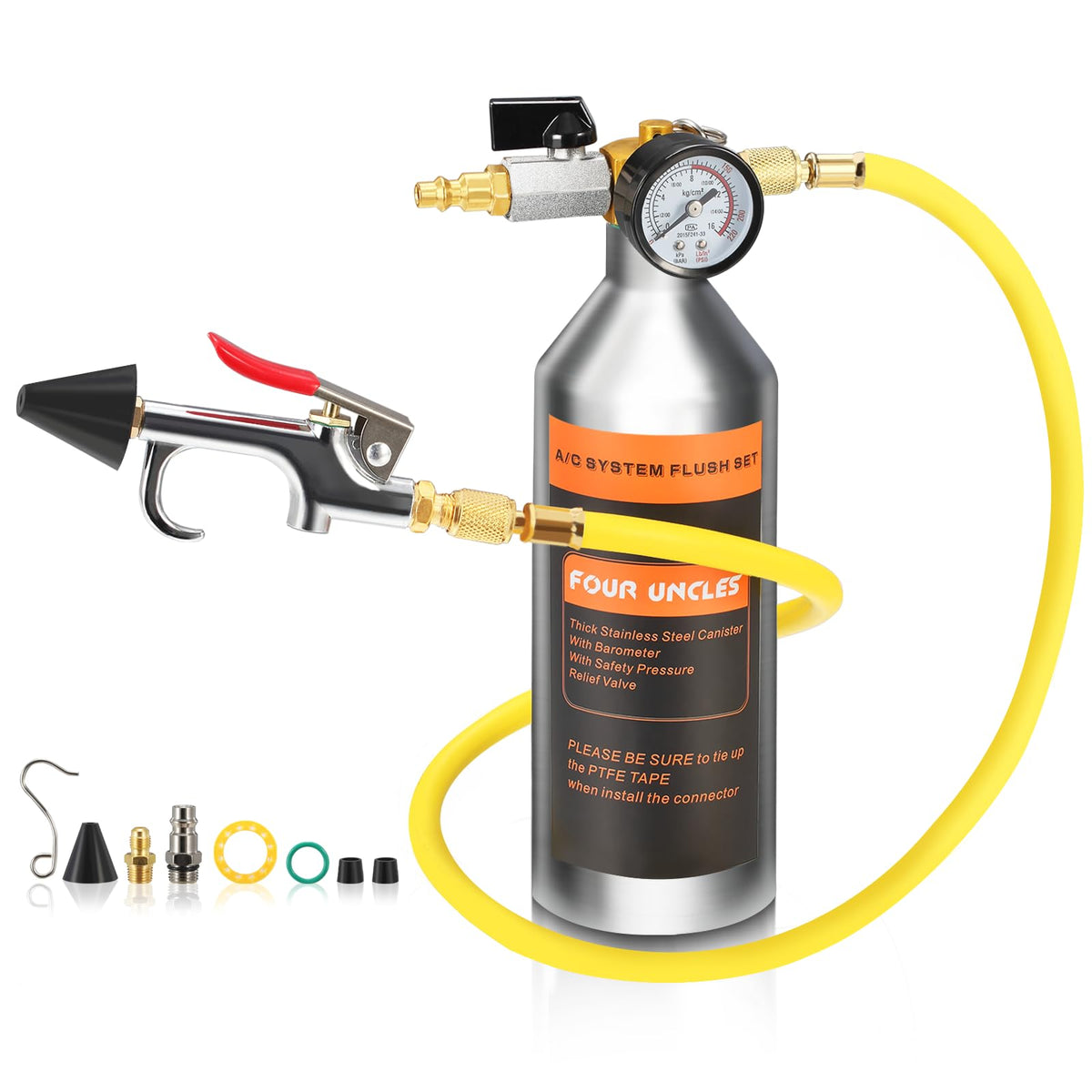 FOUR UNCLES stainless canister front view showing durable construction and longevity benefits