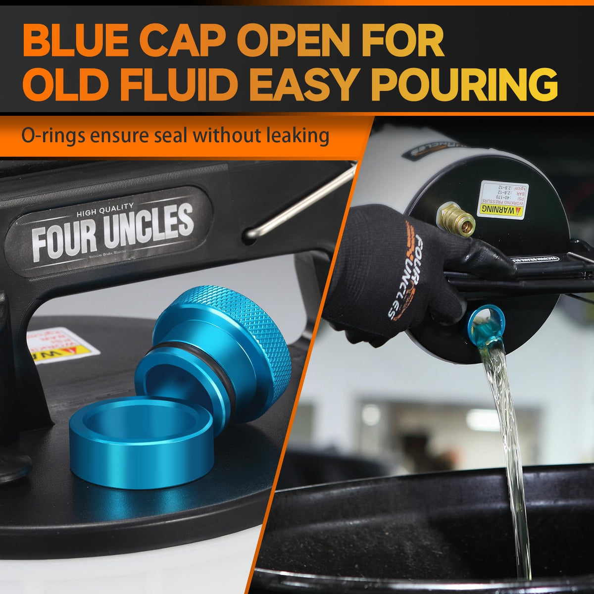 FOUR UNCLES kit in use bleeding a car caliper showing single-person efficient operation