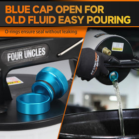FOUR UNCLES kit in use bleeding a car caliper showing single-person efficient operation
