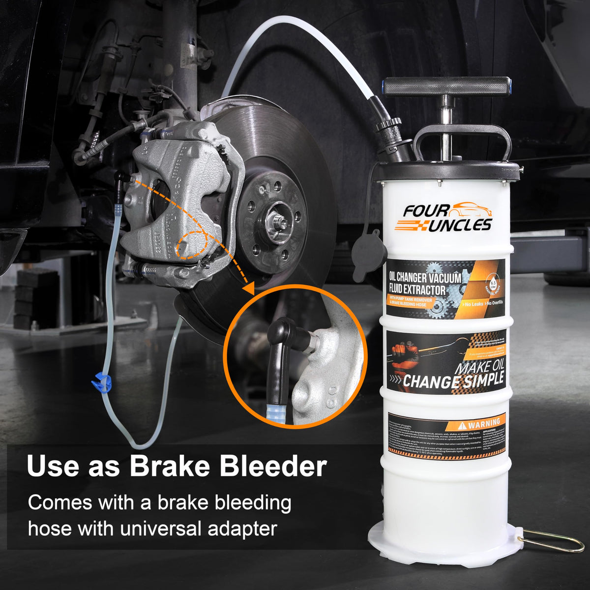 FOUR UNCLES extractor in use through dipstick opening for clean above-engine service