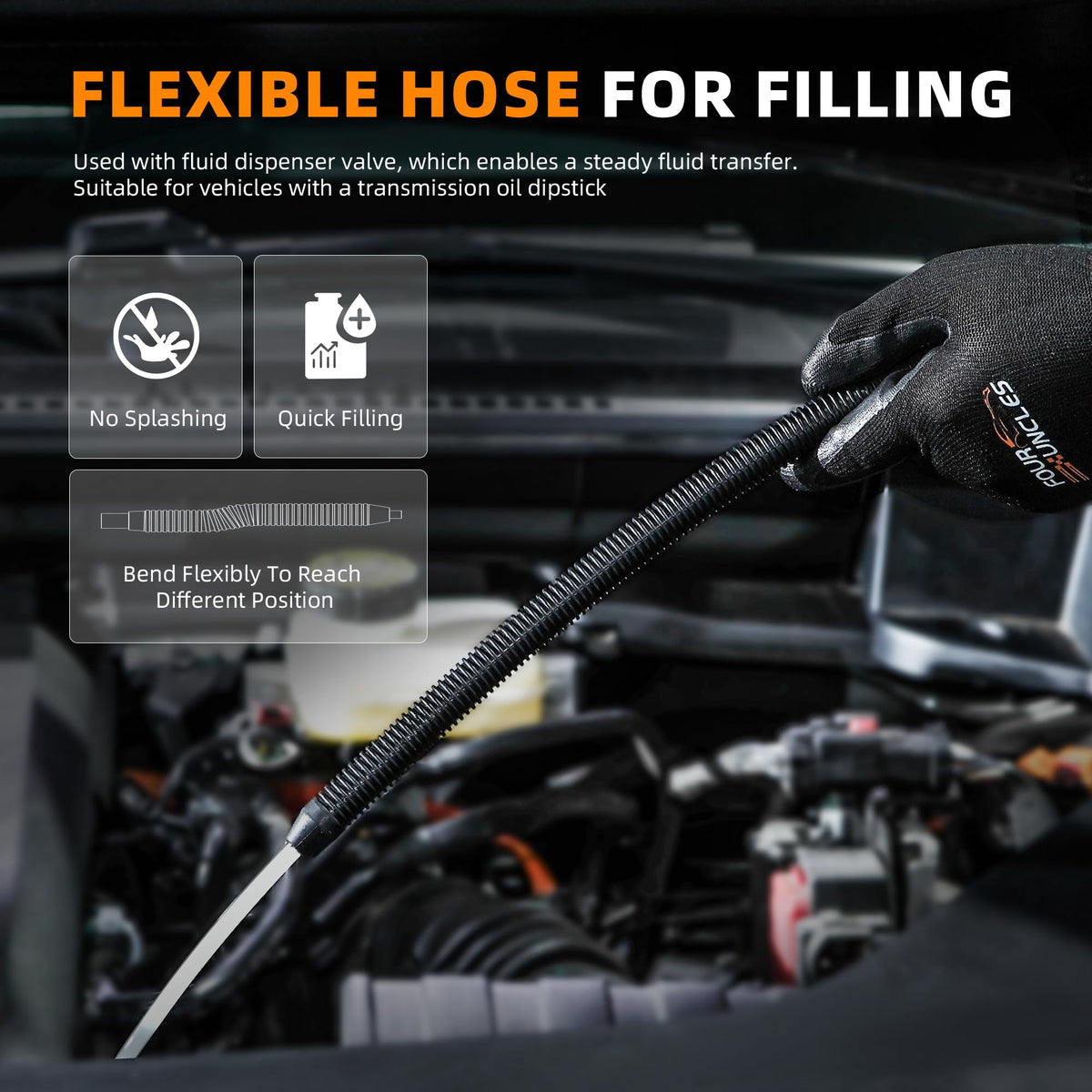 FOUR UNCLES pump in use on vehicle illustrating faster transmission fluid change and cleaner workflow