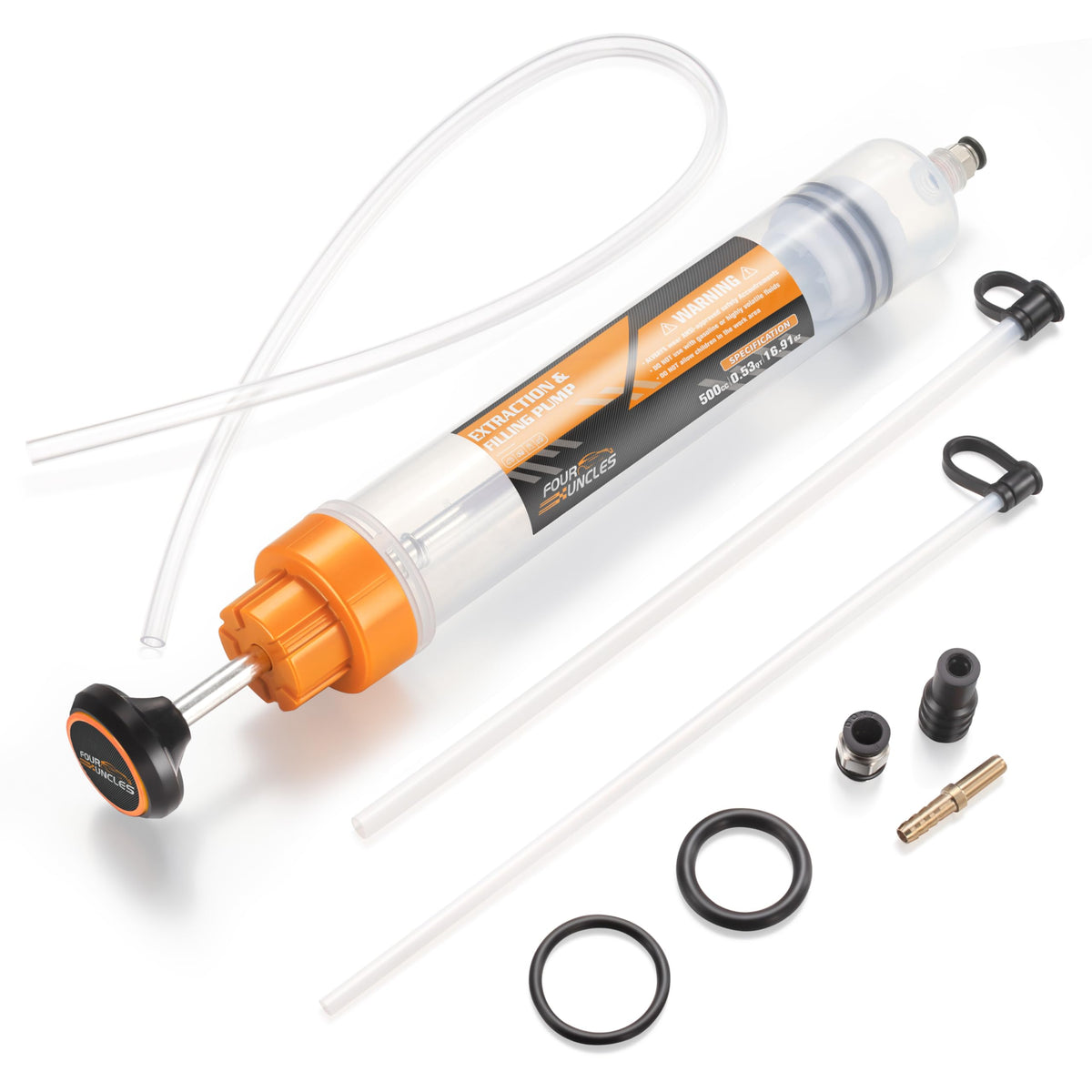 FOUR UNCLES syringe front view showing 500cc capacity and branding for easy identification