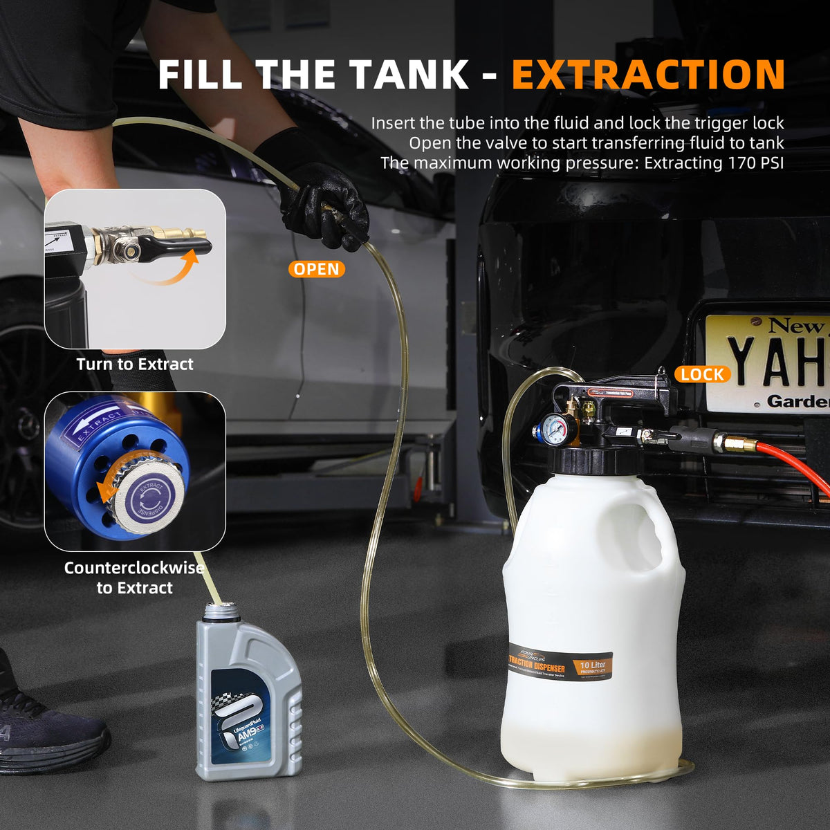 FOUR UNCLES close-up of 10L tank label highlighting large capacity benefit for longer jobs