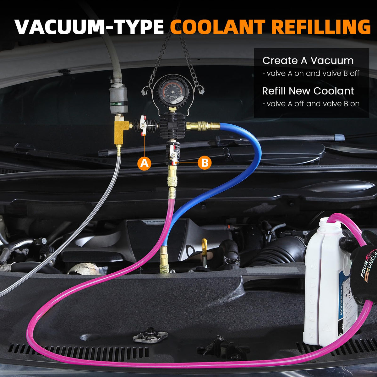 FOUR UNCLES vacuum refill assembly pictured drawing coolant with minimal air