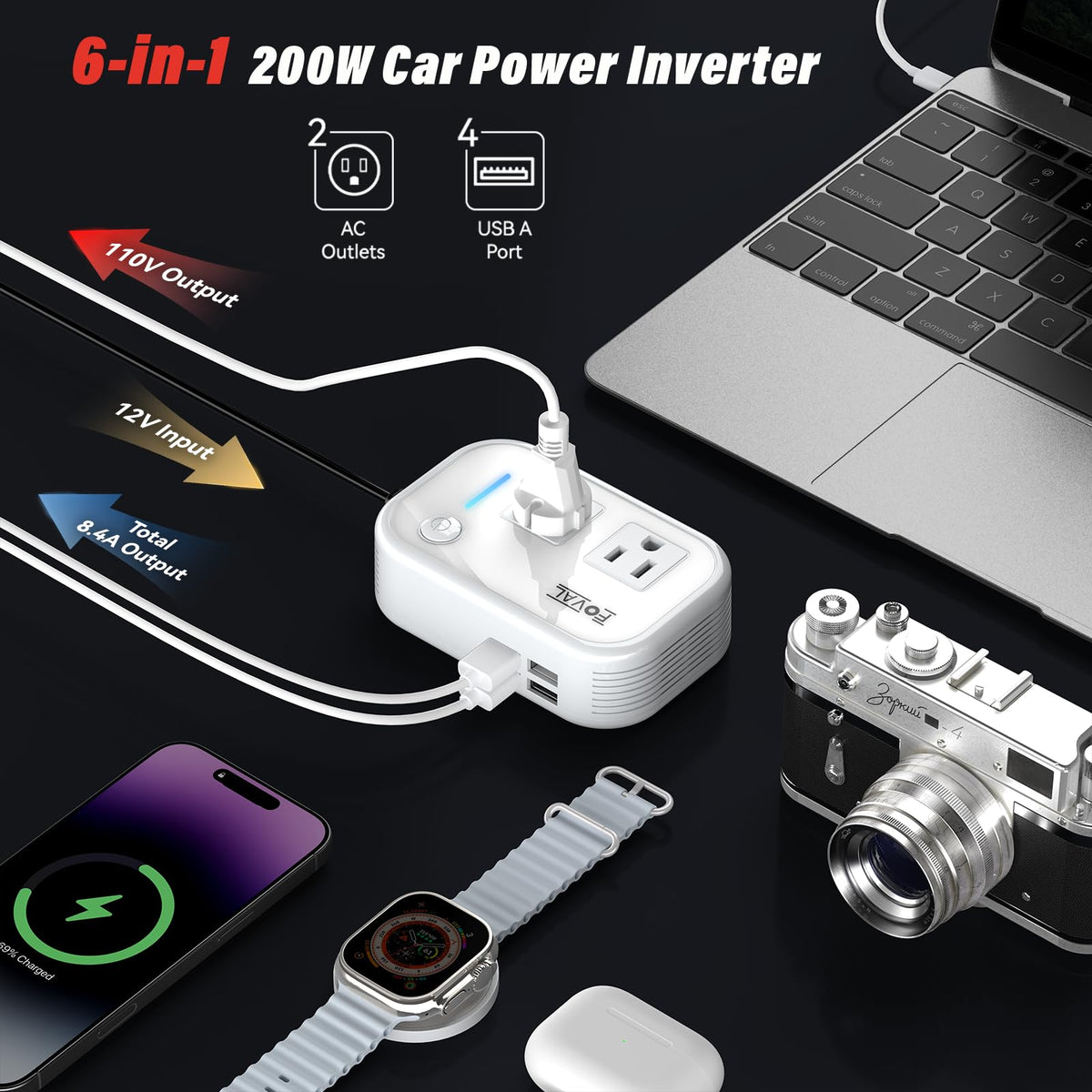 FOVAL close-up of AC and USB ports highlighting convenient multi-device charging