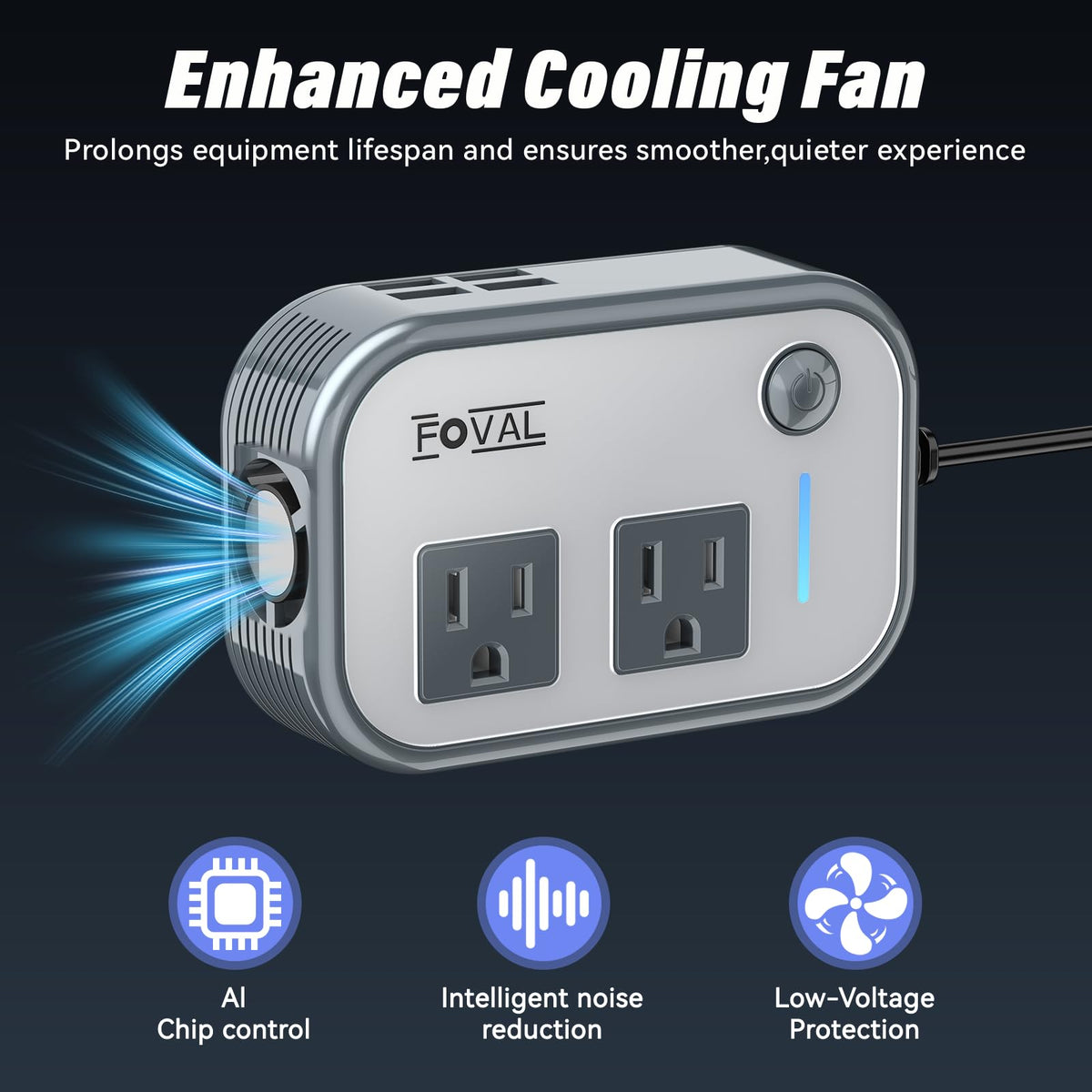 FOVAL cooling fan detail showing temperature-controlled fan to protect devices