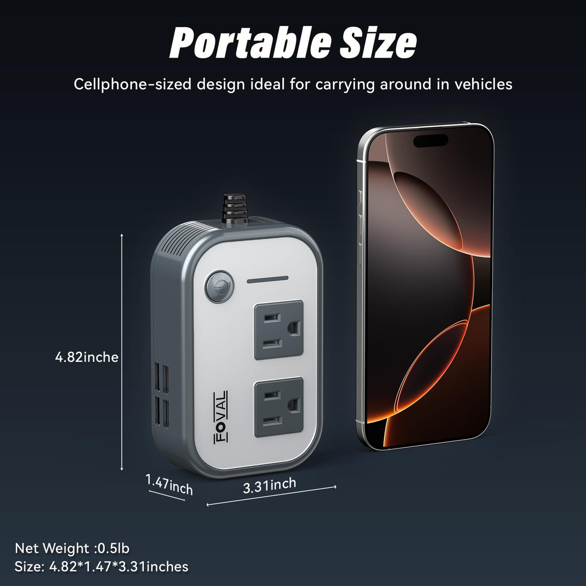 FOVAL inverter plugged into a car socket powering devices for reliable travel power