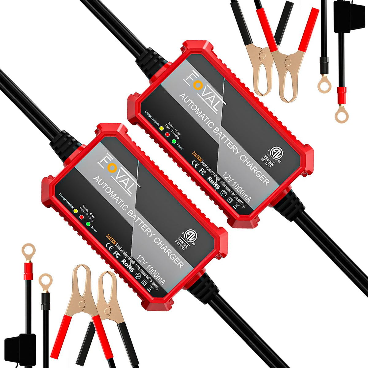 FOVAL front packaging showing two chargers and accessories for easy purchase