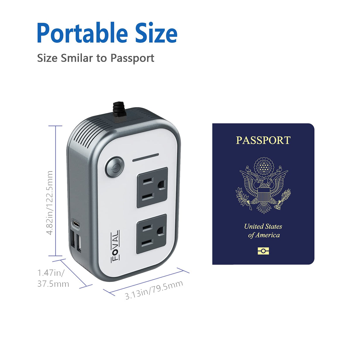 FOVAL next to passport to show compact, travel-friendly size