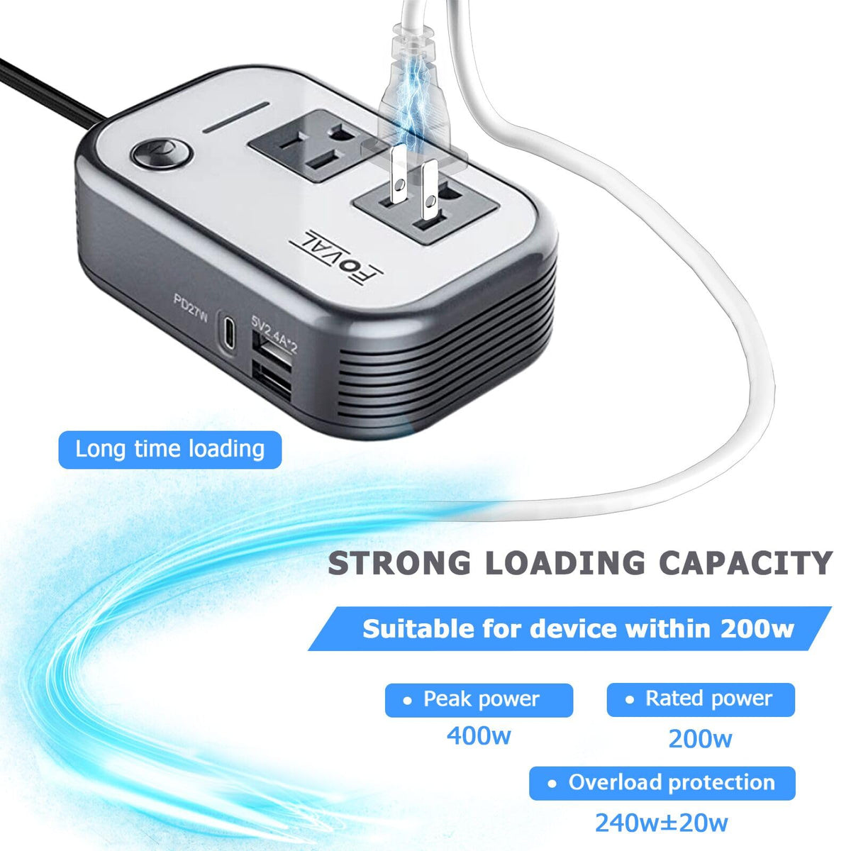FOVAL detail of 27W PD USB-C and dual USB-A ports for fast charging